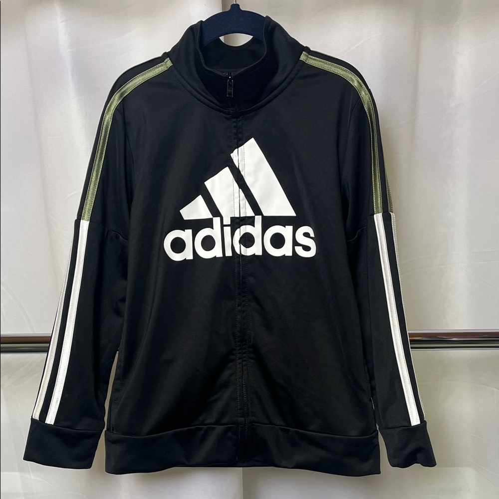 adidas Kids Black warm up athletic Jacket with White & Green Accents full zip 6